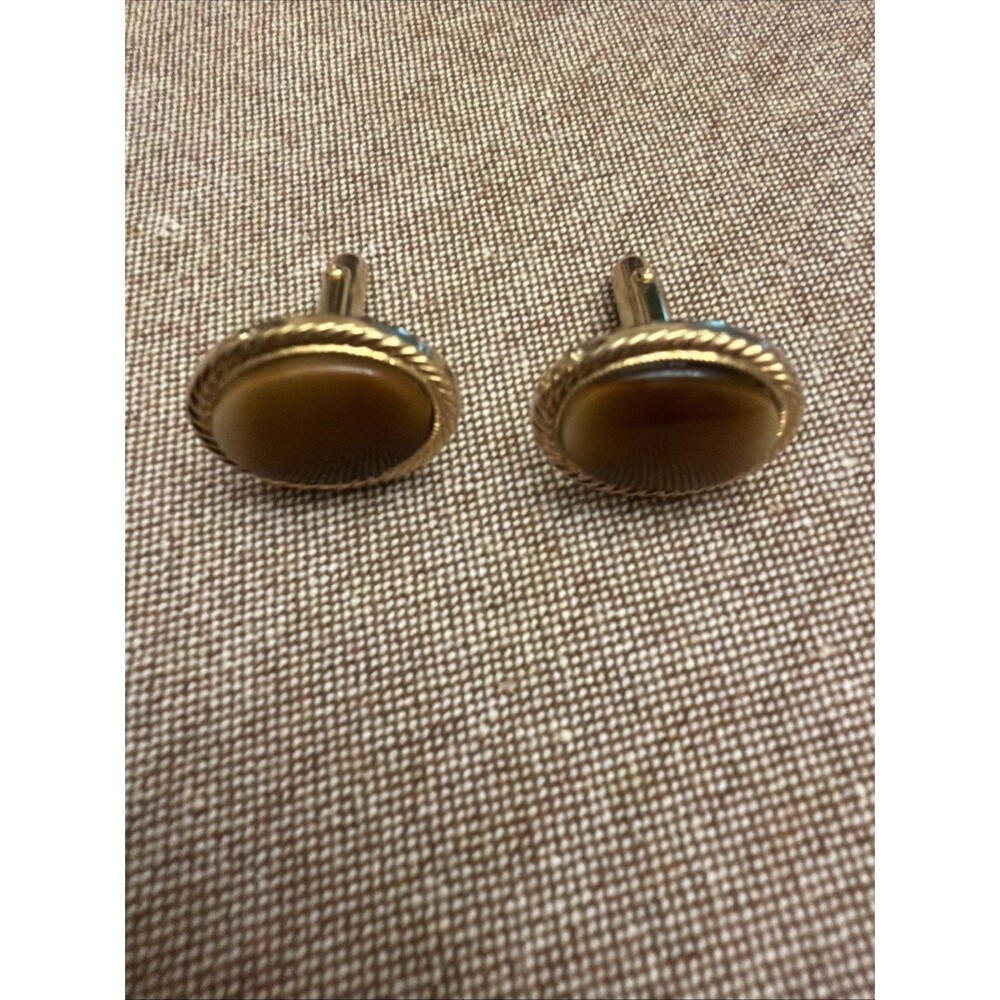 Vintage Agate Marble Rope Border Yellow Gold Plated Cuff Links